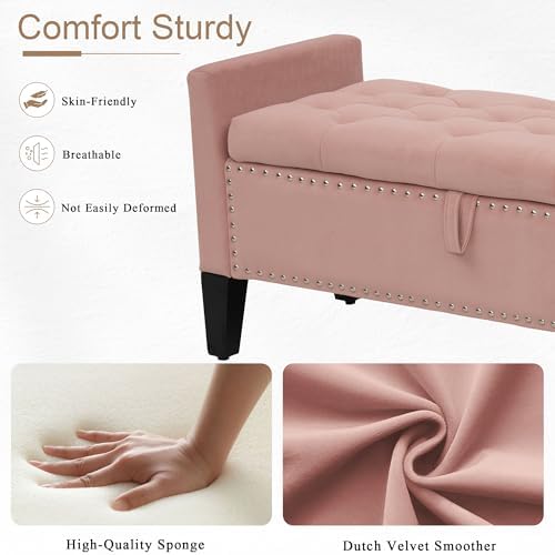 Velvet Ottoman with Storage, 46'' Upholstered Button Tufted End of Be...