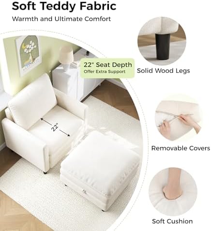 Welzona 3-Layers Cloud Accent Chair with Ottoman, 33" Teddy Reading Chair | Comfy Teddy Fabric, Washable Covers, Tool-Free Setup, All-wood Arm Chair and Ottoman Sets for Living Room, Bedroom, Beige