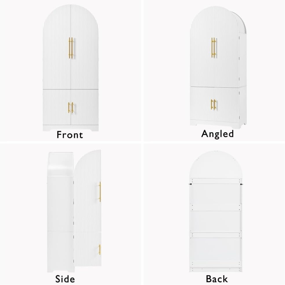 72" Tall Arched Kitchen Pantry Cabinet, Fluted Storage Cabinet with 8 Do...