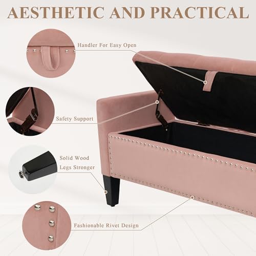 Velvet Ottoman with Storage, 46'' Upholstered Button Tufted End of Be...