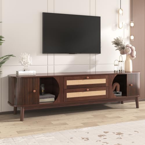 Bellemave Rattan TV Stand for up to 75", Modern Media Console with 2 Cabinets & 2 Drawers, Solid Wood Entertainment Center with Sliding Doors for Living Room, Bedroom (Walnut)