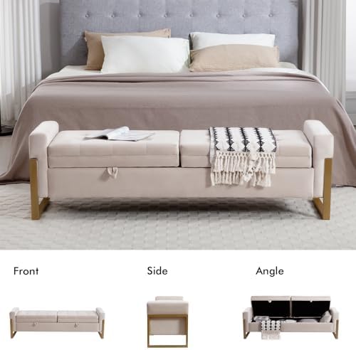 67" Storage Bench for Bedroom, End of Bed Bench King Size, Beige | Doubl...