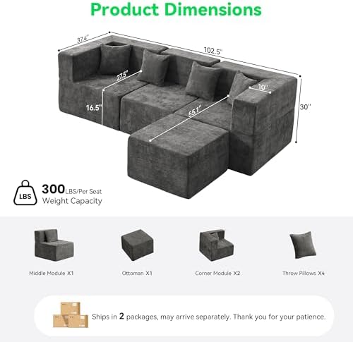 MONVANE L Shaped Sectional Couch Oversized, Chenille, Gray | 4-Seat Sectional...