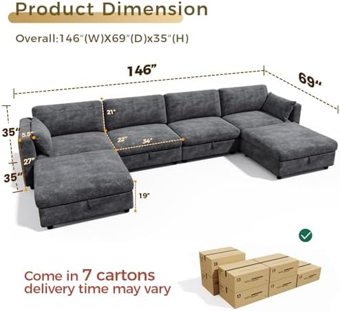 KKL Modular Sectional Couches for Living Room, U Shaped Sofa Couch with Adjus...