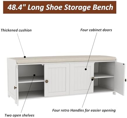 HOMEFORT 48.4" Shoe Storage Bench with Cushion, Entryway Bench with Padd...