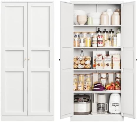 Yizosh Metal Storage Cabinet - 71" White Kitchen Pantry with 2 Doors and...