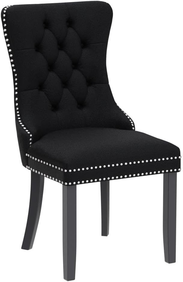 Kiztir Velvet Dining Chairs Set of 2, Upholstered Dining Room Chairs with Ring Pull Trim and Button Back, Luxury Tufted Modern Dining Chair for Living Room, Bedroom, Kitchen (Black)