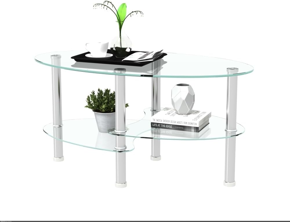 Transparent Oval Glass Coffee Table, Modern Table with Stainless Steel Leg, T...