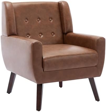 PU Leather Accent Chair, Modern Upholstered Armchair, Coffee | Comfy Wingback Chair with Removable Cushion, Wood Frame, Button Tufted Living Room Chair Bedroom Side Reading Seat
