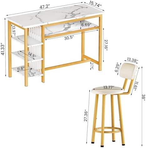 AWQM 3-Piece Bar Table and Chairs Set, Modern White Faux Marble Table with 2 ...