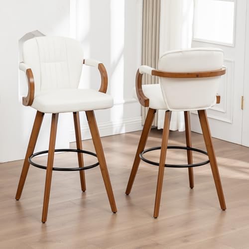 26" Swivel Counter Height Bar Stools with Back White Faux Leather Kitche...