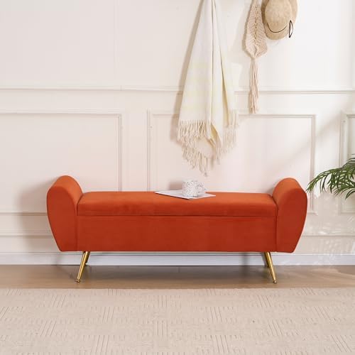 56" Storage Bench for Bedroom King Size Bed, Gold Legs, Velvet Orange