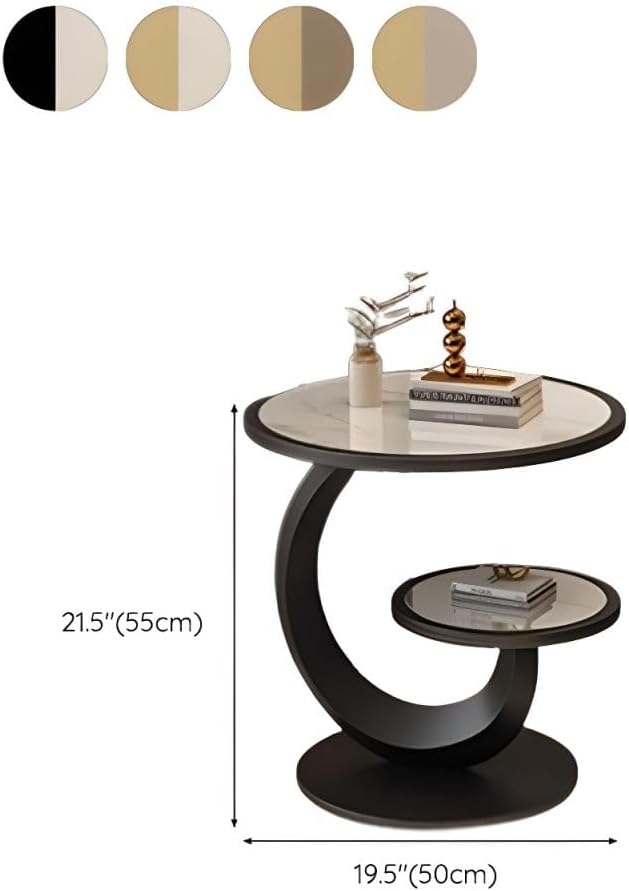 Round Stone Top Side Table with Storage Shelf - Modern End Table for Living R...