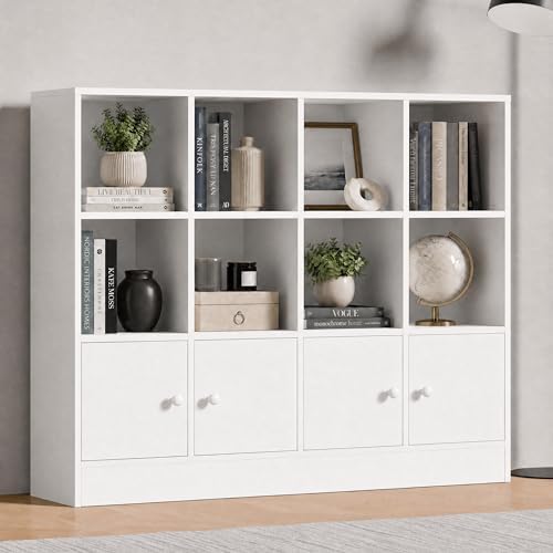 Cozy Castle White Wood Bookcase, 12 Cube Display Shelf with 4 Doors, 3 Tier O...
