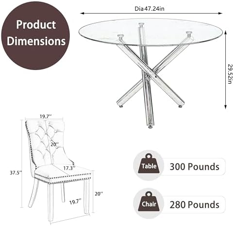 5 Piece Golden Luxury Round Glass Dining Set, Modern Minimalist Circle Kitche...