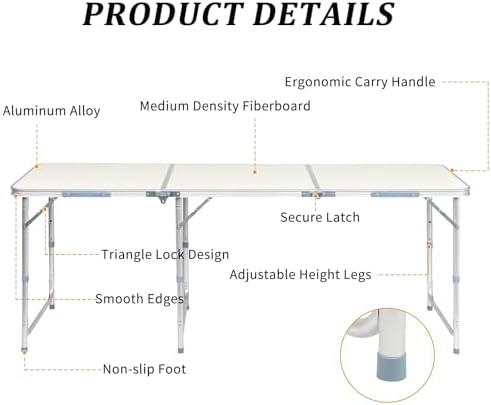6.0 Ft Folding Portable Camping Table, White