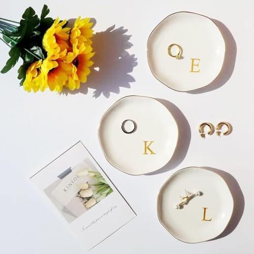 Ceramic Jewelry Tray Initial Ring Dish Personalized K-Monogrammed Engagement Wedding Gifts, for Birthday Mother's Day Christmas for Women, Ceramic White 4.75" (Y)