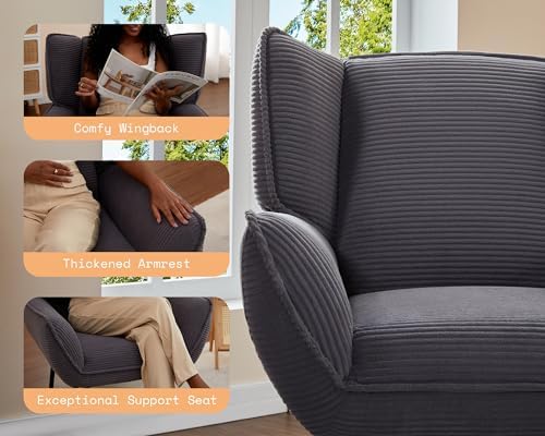 Corduroy Wingback Accent Chair, High Back Armchair with Deep Seat, Gray