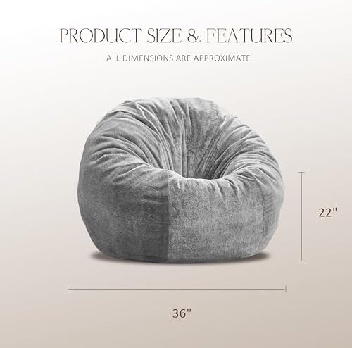 ZurNesfure Bean Bag Chair for Adults,3FT Giant Bean Bag Chair Grey,Medium | F...