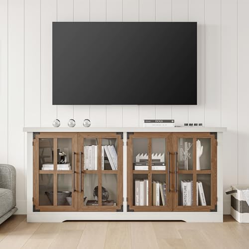 AMERLIFE Farmhouse 63" Buffet Sideboard Cabinet with Glass Door, White