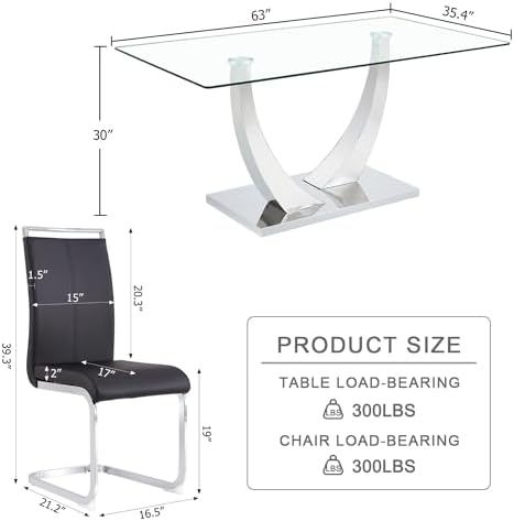 Glass Dining Table Set for 4, 63" Modern Dining Table Set for 4
