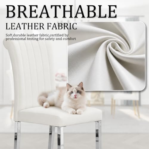 Asday White Leather Dining Chairs Set of 4, White and Silver Dining Room Chai...