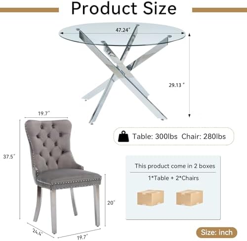 HomVent Silver Round Glass Dining Table Set for 2 with 2 Grey Velvet Chair | ...