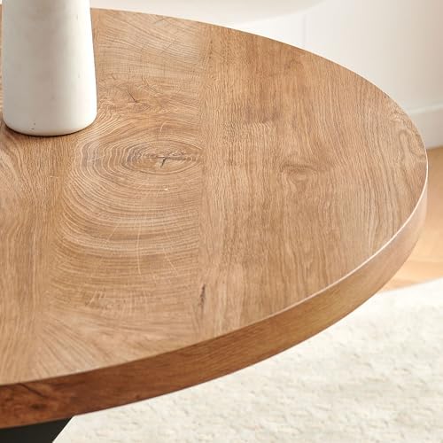 37 Inch Round Dining Table Set for 4, Modern Small Circle Kitchen Coffee Set for Apartment Living Room Office, Save Space(1 Wooden Table + 2 Grey PU Leather Chairs)