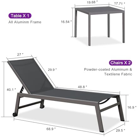 PURPLE LEAF Patio Chaise Lounge Set for 2, Oversize Seat, Grey | Reinforced a...