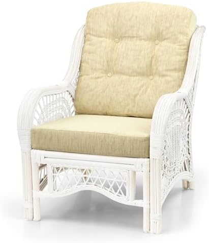 Malibu Living Set of 2 Chairs Natural Rattan Wicker Handmade with Cream Cushi...