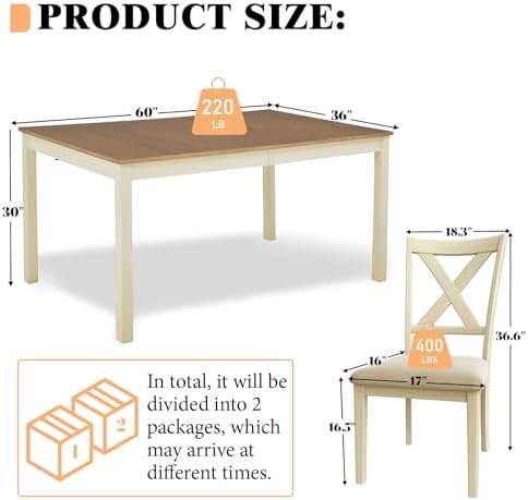 LUXOAK 7-Piece Farmhouse Kitchen Table and Chairs Set for 6, Rustic Cream