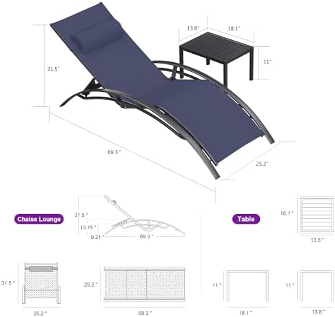 PURPLE LEAF Pool Lounge Chaise Set of 3 Outdoor Lounger Chair, Navy Blue | 2 ...