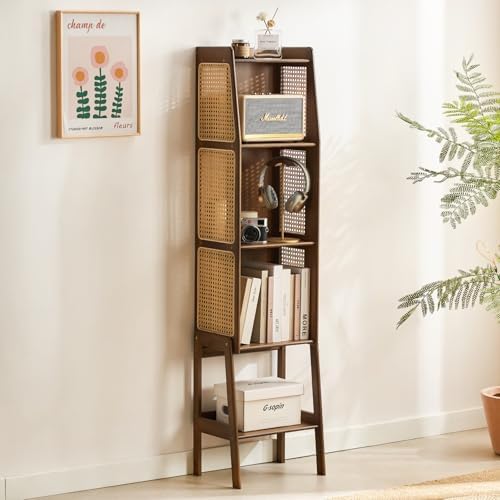 Welnow Bamboo Rattan Bookcase with Cabinet, 3-Tier Storage Shelf with Side Ta...