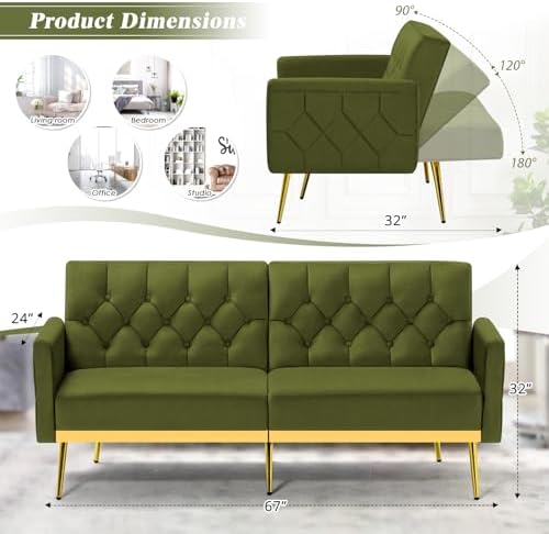 Velvet Sofa Set w/Adjustable Armrests & Backrests, Olive Green | Tufted A...