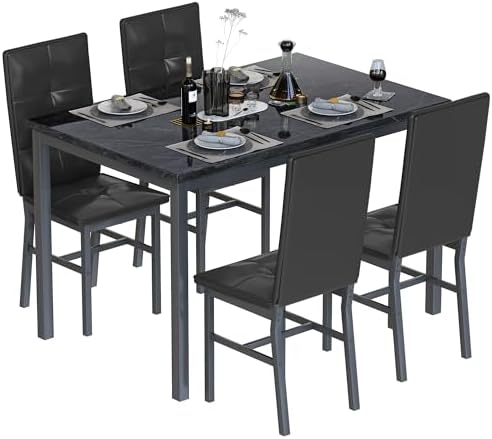 Hooseng Dining Table Set for 4, Faux Marble Small Kitchen Table with 4 PU Lea...