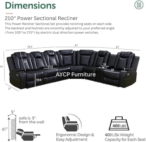 Power Recliner Sofa Sectional Sofa with LED Light for Living Room, Air Leathe...