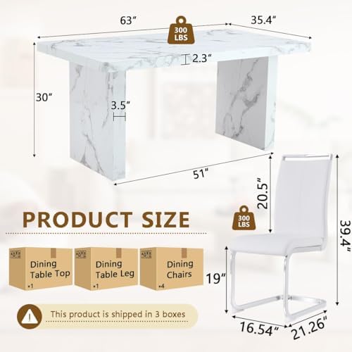 Modern Dining Table Set for 6, 63“ Dinner Table Set for 6, Marble Pattern MDF Kitchen Table Top and Base, Modern Dining Table Set with White Upholstered PU Leather Chairs,Easy Assembly