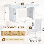 Modern Dining Table Set for 6, 63“ Dinner Table Set for 6, Marble Pattern MDF Kitchen Table Top and Base, Modern Dining Table Set with White Upholstered PU Leather Chairs,Easy Assembly