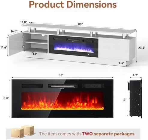 80" Fireplace TV Stand, 2-Tier LED Entertainment Center with 36" Fi...