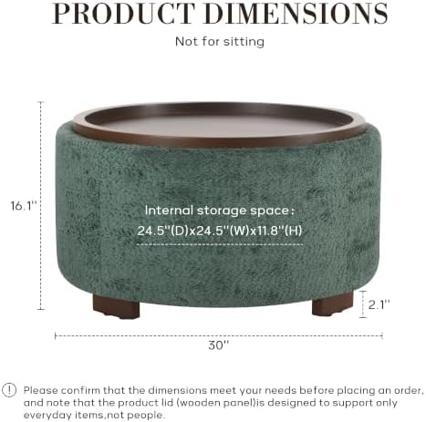 Zihanhome 30" Round Chenille Storage Ottoman Coffee Table with Removable Tray Top, Large Hidden Storage Ottoman, Solid Wood Legs for Living Room, Bedroom, Apartment (Moss Green)