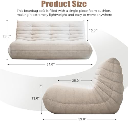 3 Seat Oversized Bean Bag Chairs for Adults, Memory Foam Fireside Beanbag Cou...