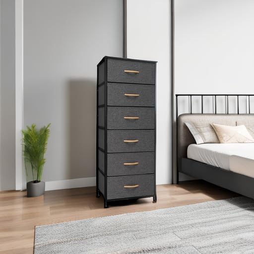 Tall 6-Drawer Fabric Dresser Tower for Closet, Vertical Storage, Gray | Sturdy Steel Frame, Wood Top and Easy Pull Fabric Bins Handles - Organizer Unit for Bedroom, Hallway, Entryway