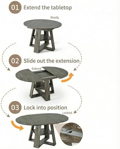 5 Piece Round Extendable Dining Table Set for 4, 43"-59" Grey Wood ...