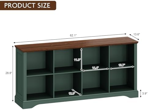 8 Cube Storage Organizer, 62" Long Low Horizontal Bookshelf, Green