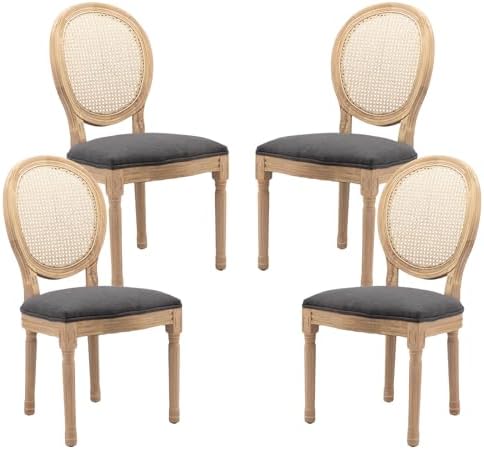 French Country Rattan Dining Chairs Set of 4,Round Back Kitchen Chair,Grey