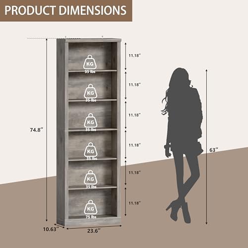 Thacuok Grey Bookshelf, 75" Tall Bookcase, 6 Tier Adjustable Storage She...