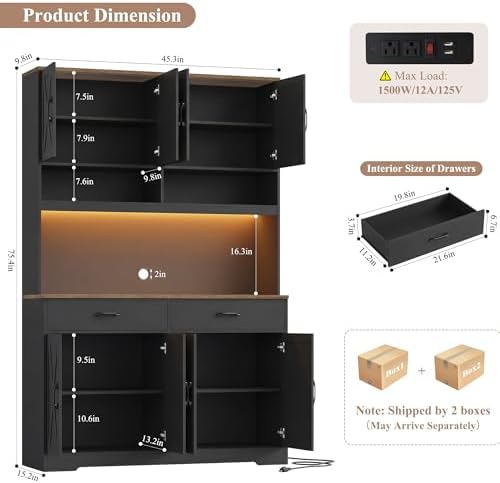 HOSTACK 75" Tall Kitchen Pantry Storage Cabinet, 45" W Hutch Cabine...