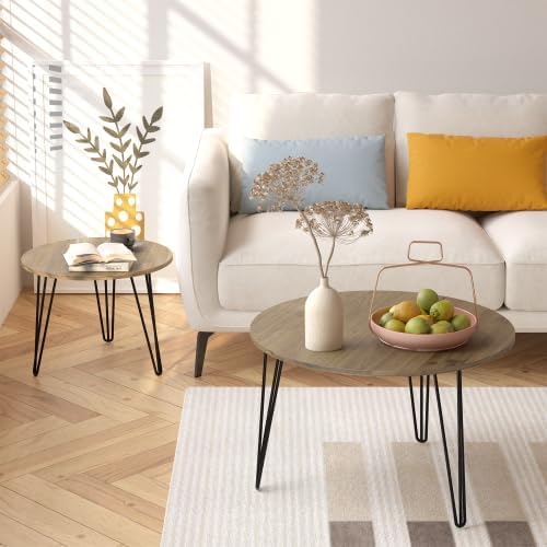 Round Nesting Coffee Tables Set of 2, Marble Grain Top Modern Side Tables | M...