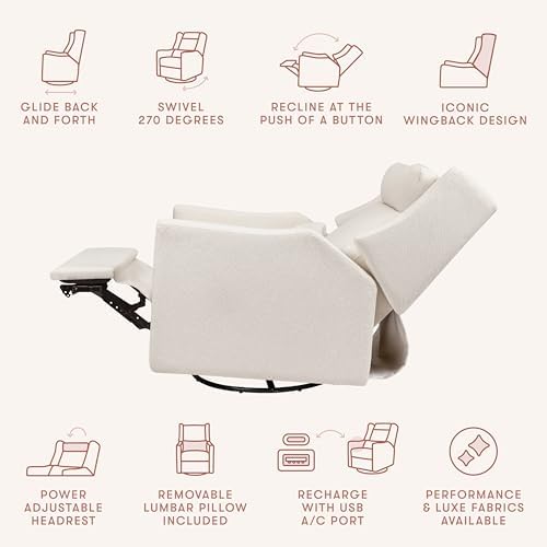Babyletto Kiwi Plus Electric Recliner Glider in Performance Cream Eco-Weave | GREENGUARD Gold & CertiPUR-US Certified - Power Recliner Rocking Nursery Chair w/ USB Ports - 270° Swivel