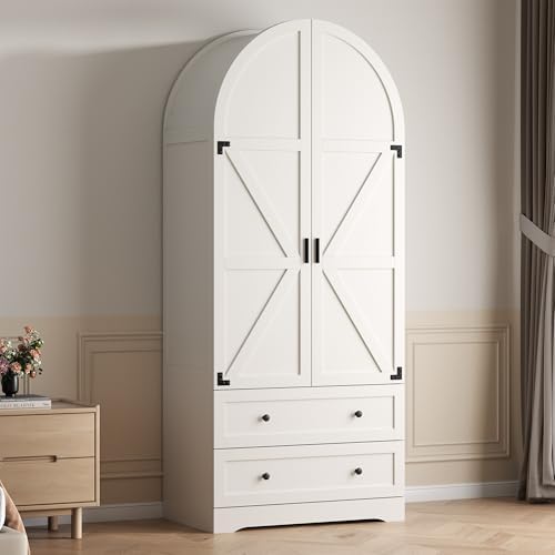 Gyfimoie White Armoire Wardrobe Closet with 2 Drawers, 75" Wooden Wardro...